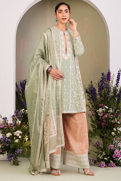 Sage green zari embroidered kurta set