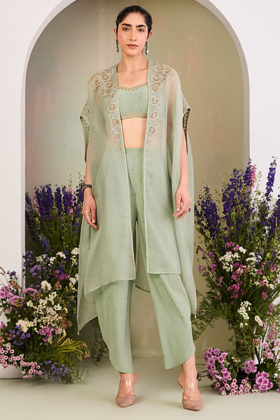 Sage green floral embroidered cape set