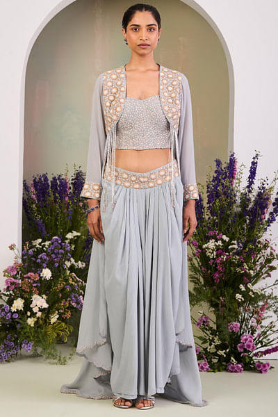 Ice blue draped skirt set