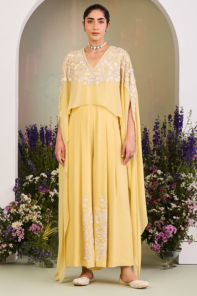 Pastel yellow sequin embroidered jumpsuit