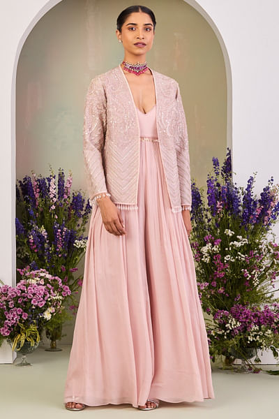 Pastel pink sequin embroidered jumpsuit