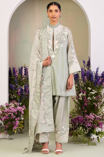 Sage green floral embroidered kurta set