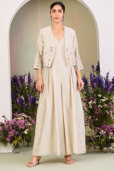 Greenish white pleated jumpsuit