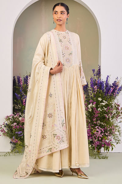 Light yellow embroidered anarkali set