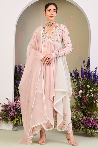 Pastel pink colour blocked anarkali set