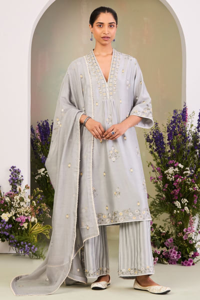 Ice blue floral embroidered kurta set