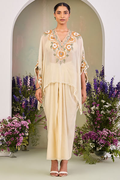 Light yellow embroidered kaftan set