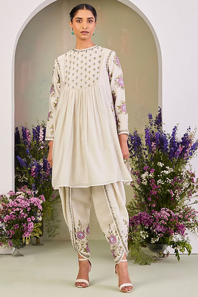 Greenish white floral embroidered tunic set