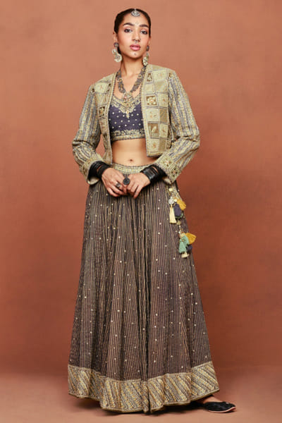 Black and gold stripe lehenga set