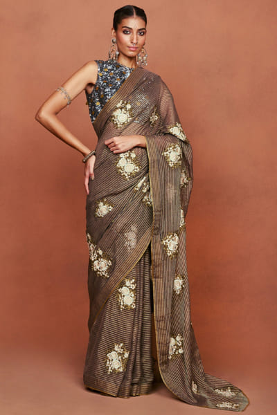 Black embroidered sari set
