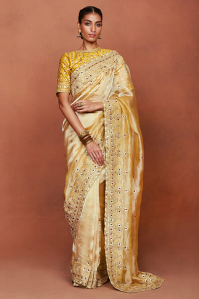 Gold floral embroidered sari set