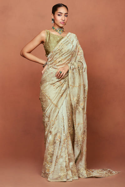 Olive green embroidered sari set
