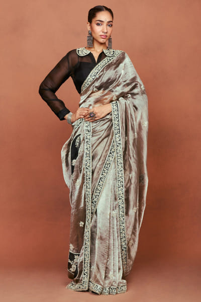 Grey paisley embroidered sari set