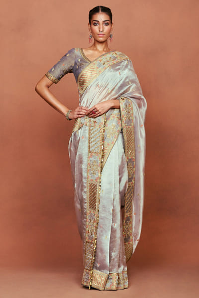 Grey tribal embroidered sari set