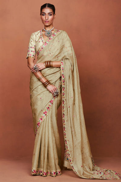 Beige paisley embroidered sari set