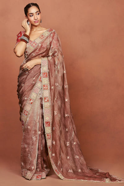 Rust geometric embroidered sari set