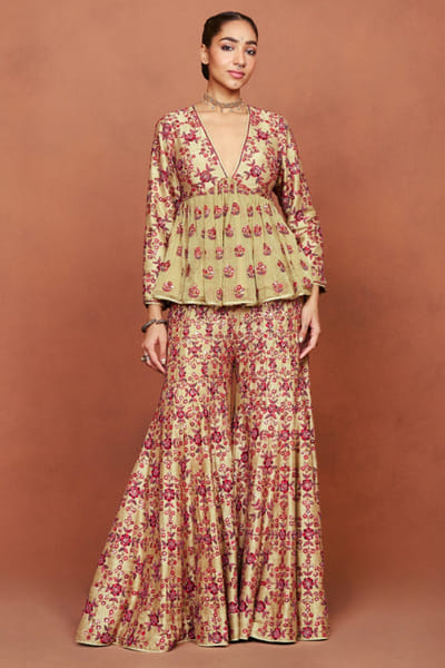 Rusty orange floral embroidered sharara set