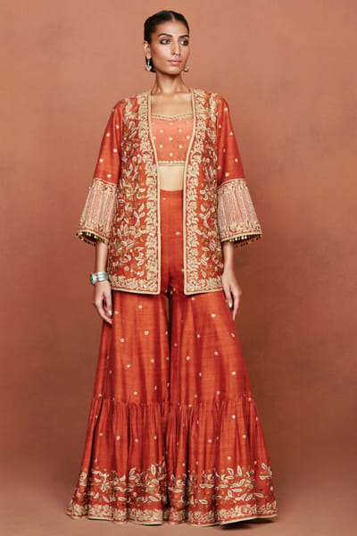 Rusty orange embroidered gharara set