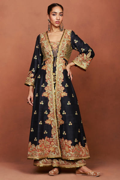 Black floral paisley embroidered jacket set