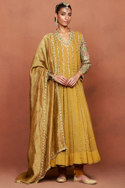 Mustard geometric embroidered anarkali set