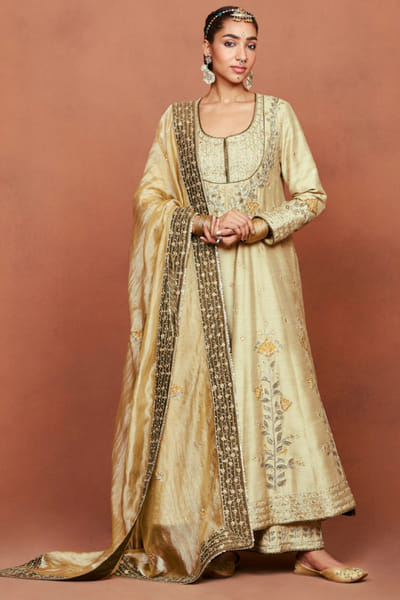 Beige gold embroidered long anarkali set
