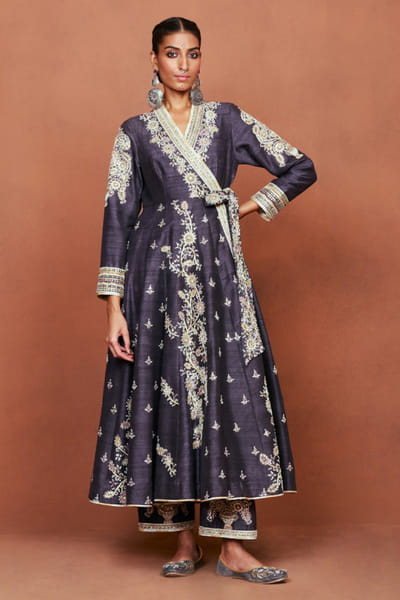 Charcoal grey embroidered angrakha set