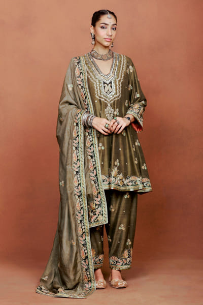 Olive green embroidered short anarkali set