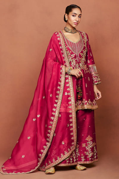 Deep red zari embroidered short anarkali set