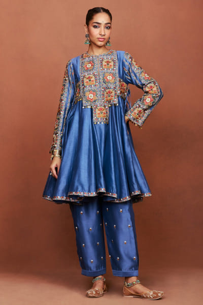 Blue embroidered short anarkali set