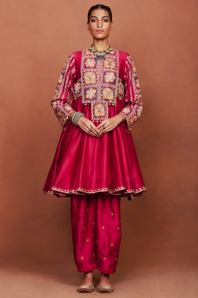 Deep red embroidered short anarkali set