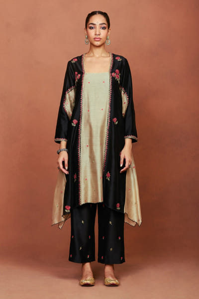 Black zari embroidered long kurta set