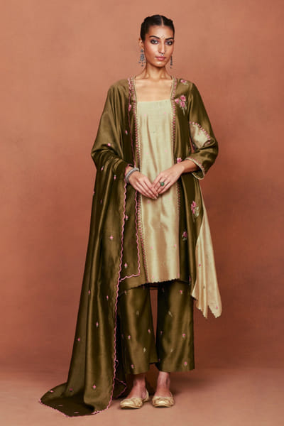 Olive embroidered kurta set