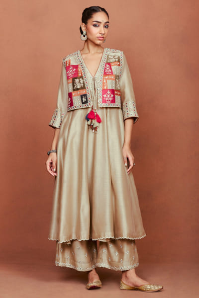 Beige embroidered anarkali set