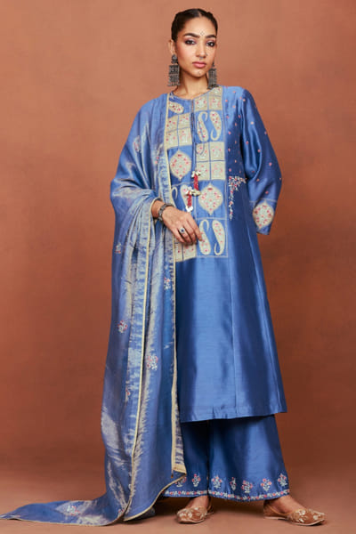 Medium blue embroidered kurta set