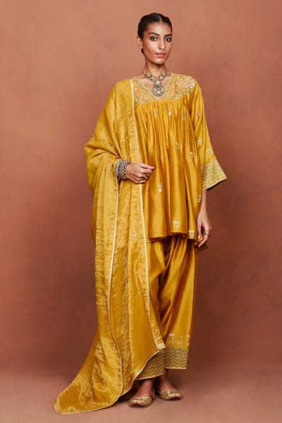 Mustard embroidered short kurta set