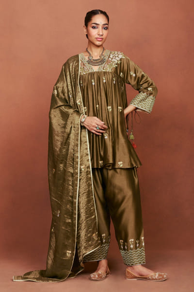 Olive green embroidered short kurta set