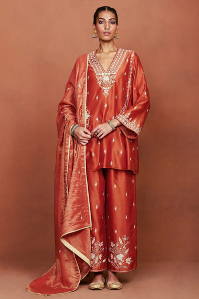 Rusty orange embroidered short kurta set