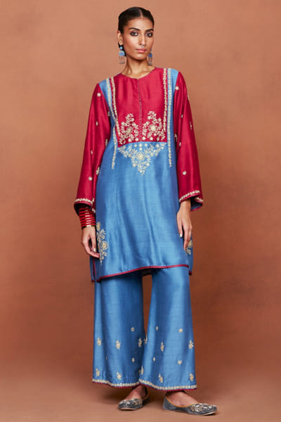 Red and blue embroidered tunic set