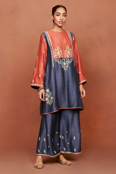 Charcoal and orange embroidered tunic set