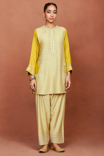 Beige and mustard embroidered tunic set