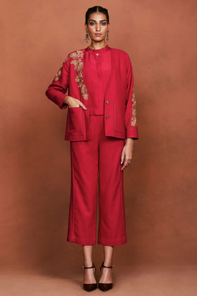 Deep red floral thread embroidered co-ord set