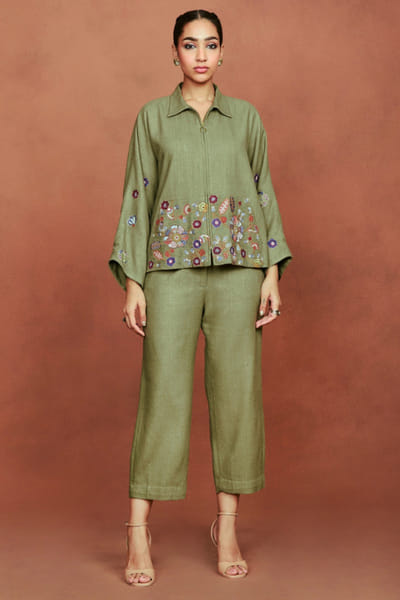 Olive green floral embroidered co-ord set