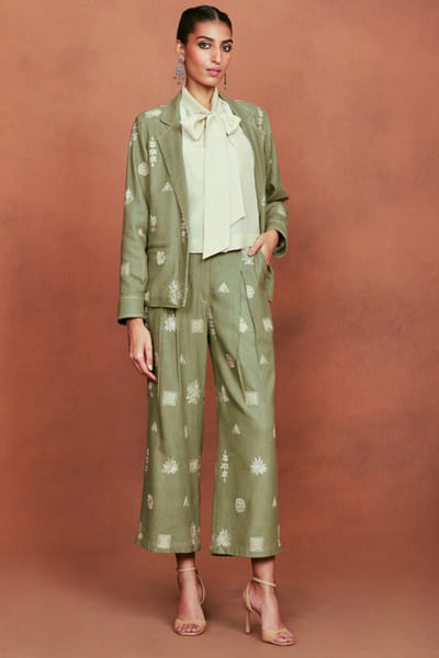 Olive floral appliqué embroidered co-ord set