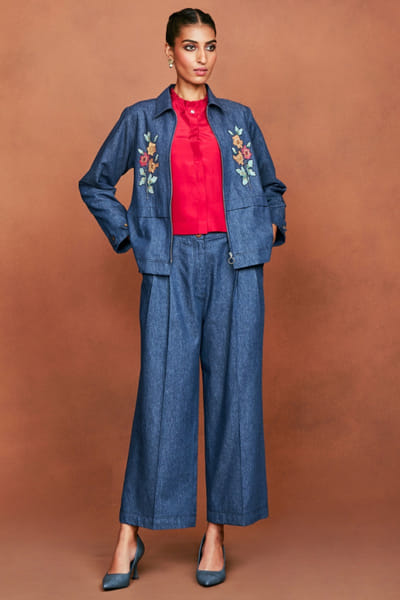 Blue floral thread embroidered co-ord set