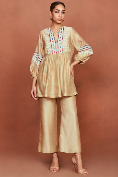 Beige tribal embroidered woven co-ord set