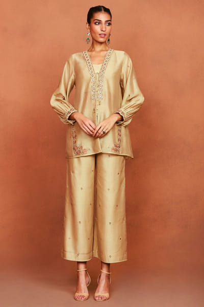 Beige tribal embroidered handwoven co-ord set
