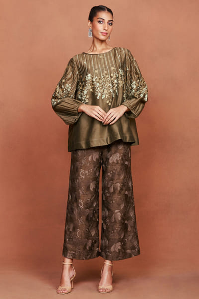 Olive floral embroidered handwoven co-ord set