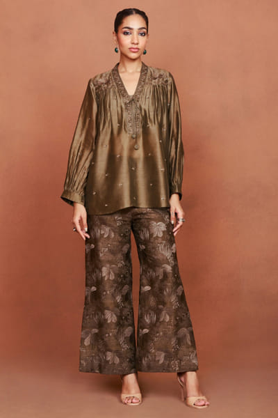 Olive green floral embroidery woven co-ord set