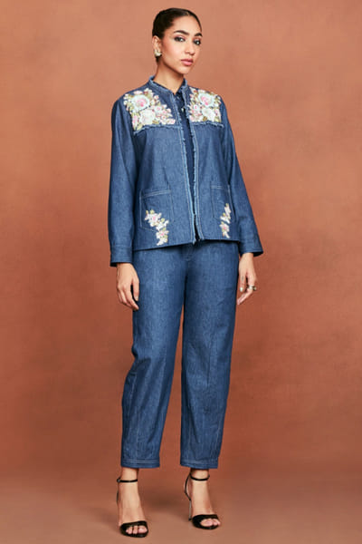 Blue floral-sequin embroidery denim co-ord set