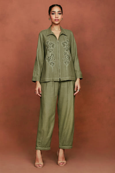 Olive green floral dori embroidered co-ord set